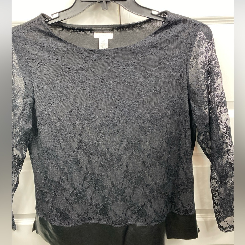 Chico's black lace & faux leather hem trim sheer sleeves stretchy Top Lacey SZ 2